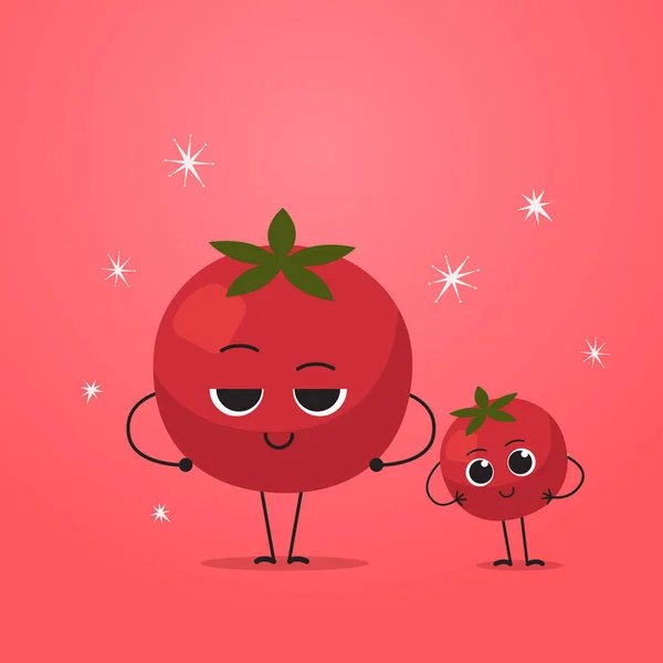 Lindo rojo tomate personajes pareja divertido dibujos animados mascota vegetal personajes saludable comida concepto — Vector de stock