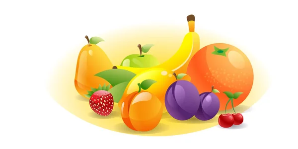 Különböző friss lédús gyümölcs összetétele egészséges természetes élelmiszer koncepció vízszintes — Stock Vector