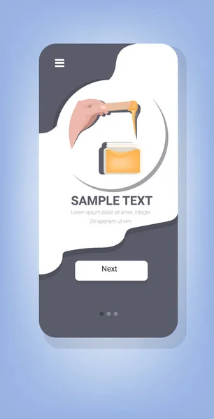 Dřevěné voskování stěrka tyčinka a kontejner s cukrovou hmotou nebo vosk med kapalina pro epilaci kůže depilace krása péče o pleť koncept smartphone obrazovka mobilní app kopírovat prostor vertikální — Stockový vektor