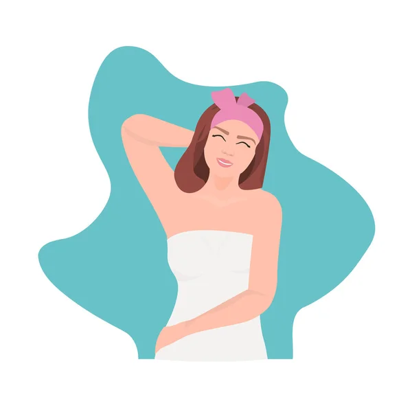 Beautiful woman holding her arm up and showing clean underarms depilation smooth clear skin armpit epilation hair removal concept portrait — Stock Vector