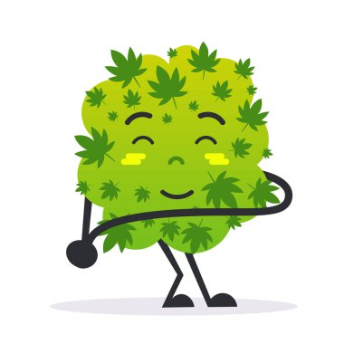 Şirin gülümseyen kenevir esrarı çizgi film karakteri tıbbi marihuana tüketim konsepti düz