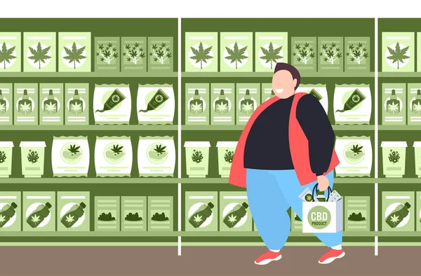 Mężczyzna niosący torbę na zakupy z cbd produkty nowoczesny sklep marihuany wnętrze legalizacja marihuany konsumpcja narkotyków koncepcja pozioma pełna długość — Wektor stockowy
