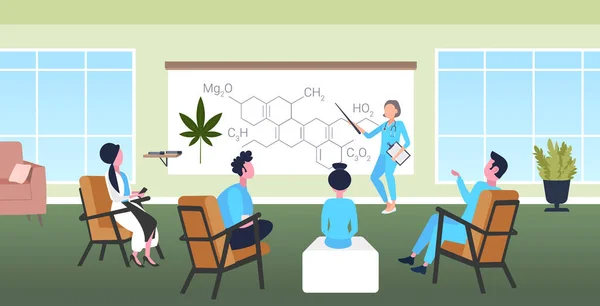 Vetenskapsman presenterar Cbd Thc cannabis hampa drog molekyl för läkare team vid konferens möte medicinsk marijuana formel presentation koncept full längd horisontellt — Stock vektor