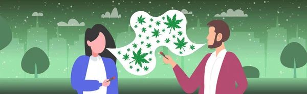 Mann Frau raucht Cannabis Joint legales Marihuana für Freizeitkonsum Drogenkonsum Konzept Rauch Wolkengrün Blätter Stadtbild Hintergrund horizontal Porträt — Stockvektor