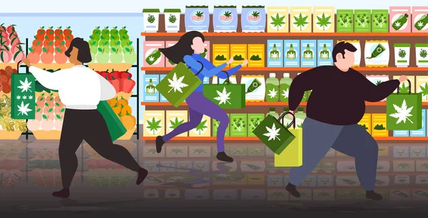 Personas comprando productos cbd moderno cannabis tienda interior marihuana legalización drogas consumo concepto horizontal longitud completa — Archivo Imágenes Vectoriales