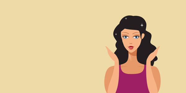 красивая брюнетка девушка с длинными вьющимися волосами профессиональный макияж и прическа стильная женщина горизонтальный портрет векторная иллюстрация
