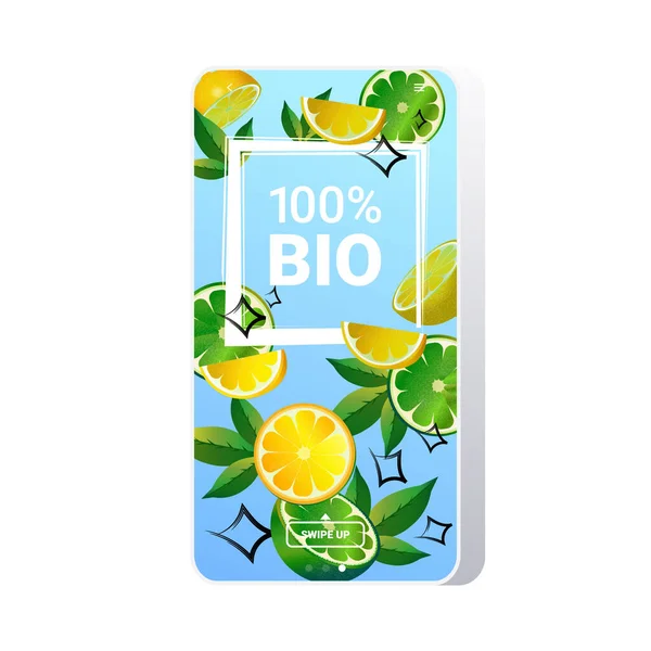 Natuurlijk gezond biologisch product vers voedsel online mobiele app smartphone scherm limoen citroen achtergrond kopiëren ruimte — Stockvector
