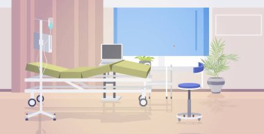 Modern klinik yoğun terapi odası boş. Hastane koğuşu yatay değil.