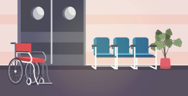 Koltukları ve tekerlekli sandalyesi olan boş hastane koridoru. Klinik salonu yok. Yatay vektör çizimi yok.