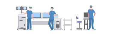 Cerrahlar, hastane cerrahisi hazırlık konseptinde profesyonel üniformalı tıbbi personel giyen ameliyathane doktorlarında cerrahi operasyona hazırlanıyor.