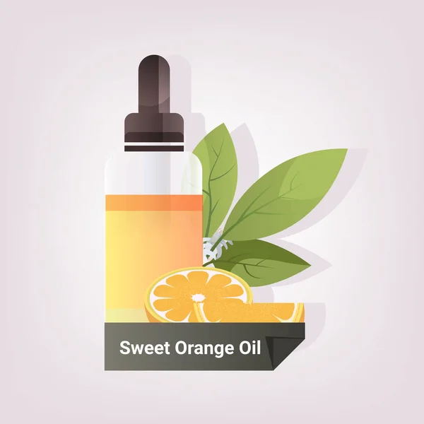 Kapka esenciální sladký pomerančový olej skleněná láhev s pomerančovým ovocem a ponechává přirozenou tvář tělo kosmetické prostředky koncept — Stockový vektor