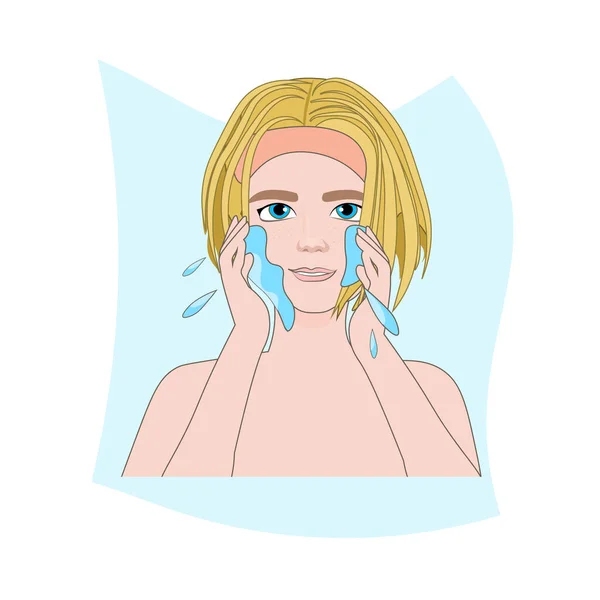 Jonge vrouw wassen gezicht meisje met schone verse huid huidverzorging spa gezichtsbehandeling concept portret — Stockvector