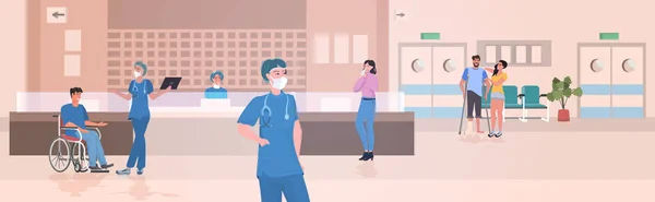 busy nurses station doctors and patients at hospital reception modern clinic hall interior consultation medical diagnosis healthcare concept horizontal full length