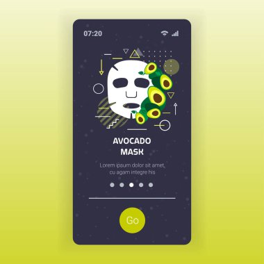 avokado taze meyve maskeli yüz tedavisi cilt konsepti akıllı telefon ekranı mobil uygulama alanı