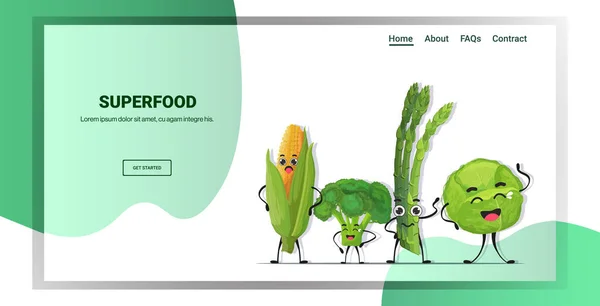 Söt färsk majs kål sparris och kål tecken stående tillsammans välsmakande maskot vegetabiliska personligheter hälsosam mat koncept horisontell kopia utrymme — Stock vektor