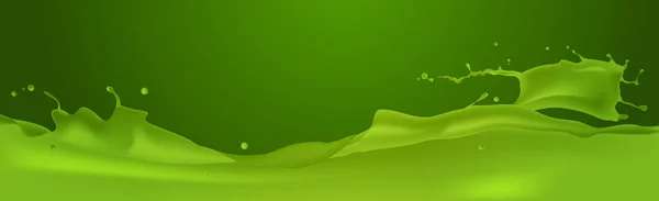Grön vätska stänk realistiska droppar och stänk fruktjuice stänk horisontellt — Stock vektor