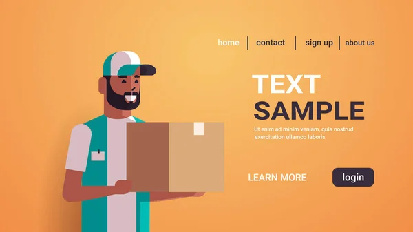African american courier man holding cardboard parcel box express delivery service concept portrait horizontal copy space Vector Graphics
