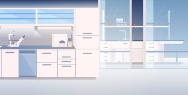 Modern laboratuvar içi boş. Mobilyaları yatay olan kimya laboratuvarı yok.