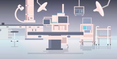 Hastane ameliyat masası ve tıbbi cihazlar modern klinik cerrahi odası iç yoğun terapi cerrahi prosedürler konsepti yatay