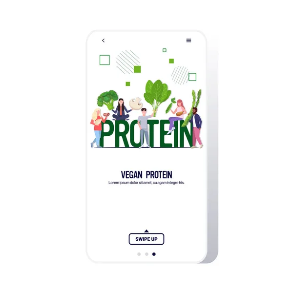 持有蔬菜、香草、豆类、坚果和种子的人健康的营养新鲜的生食素食素食主义者蛋白质概念智能手机屏幕手机应用程序全长复制空间 — 图库矢量图片