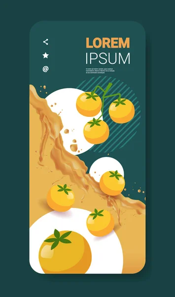Vers geel tomatensap vloeibare plons realistische spatten gezonde vruchten spetterende golven smartphone scherm mobiele app verticale kopiëren ruimte — Stockvector