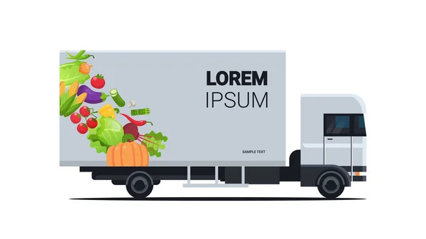 有机蔬菜的现实卡车拖车天然蔬菜农场食品运送服务车辆新鲜蔬菜水平平面 — 图库矢量图片