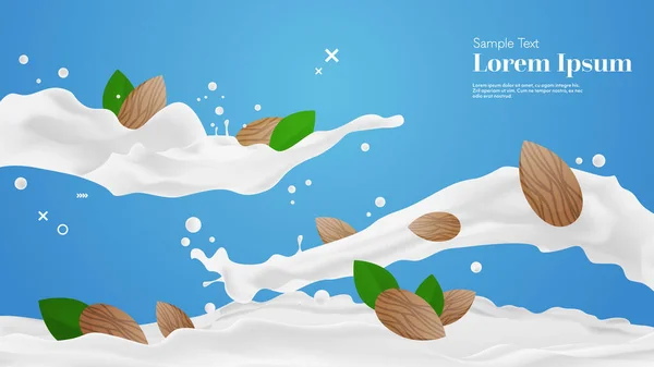 フレッシュビーガンアーモンドプラントベースのミルクスプラッシュ有機乳製品フリー天然生ビーガンミルク現実的なスプラッシュ水平コピースペース — ストックベクタ