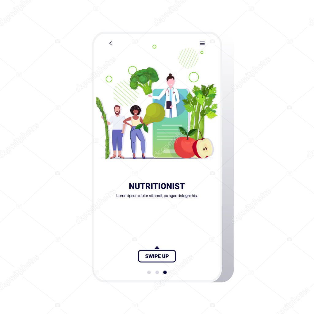 doctor nutritionist explaining to patients properties of fresh vegetables and fruits healthy lifestyle nutrition online medical consultation concept mobile app copy space full length
