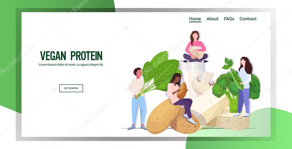 people holding herbs vegetables plant based tofu milk organic dairy free natural raw food healthy nutrition vegan protein concept horizontal copy space full length