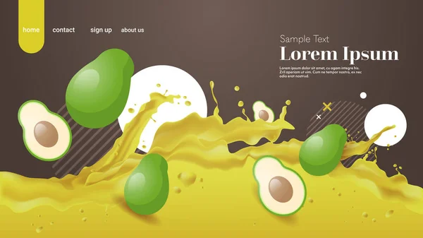 Vers avocado sap vloeibaar spatten realistisch spatten gezond fruit spetterend golven horizontaal kopiëren ruimte — Stockvector