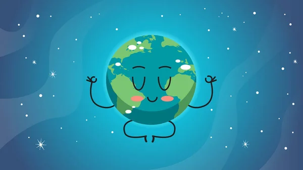 可爱的地球人坐着荷花摆设卡通人物吉祥物地球人拯救行星冥想的概念水平 — 图库矢量图片