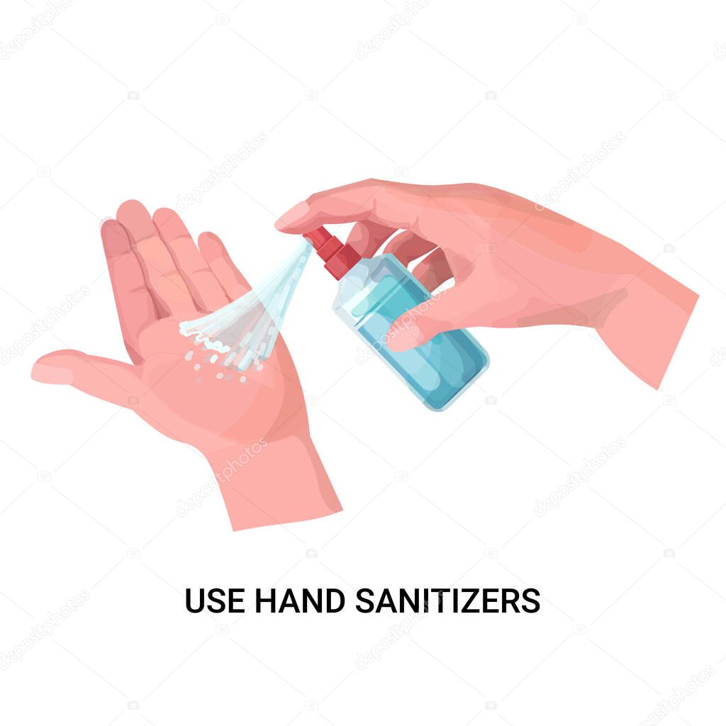 human hands applying antibacterial spray disinfection against virus bacteria stop coronavirus use hand sanitizers concept isolated
