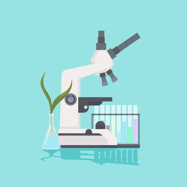 Planta de microscopio de laboratorio médico profesional creciendo en tubo de ensayo equipo de investigación científica biología ciencia educación concepto — Vector de stock