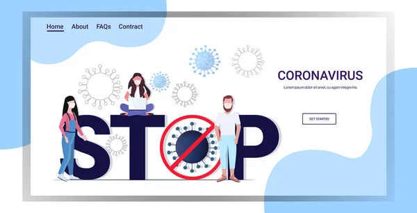 Pessoas em máscaras protetoras parar coronavírus pandemia quarentena conceito espalhando células virais comprimento total espaço de cópia horizontal —  Vetores de Stock