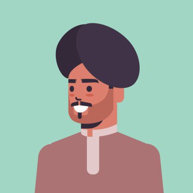 Geleneksel giysiler içinde türban giyen Hintli adam gülümseyen erkek çizgi film karakteri portresi