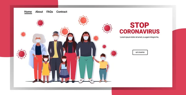 Família afro-americana em máscaras médicas de pé juntos parar a prevenção de coronavírus 2019-nCoV quarentena —  Vetores de Stock