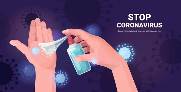 Mãos humanas aplicando antibacteriano spray desinfecção contra bactérias virais parar coronavírus pandemia quarentena conceito espaço de cópia horizontal — Vetor de Stock