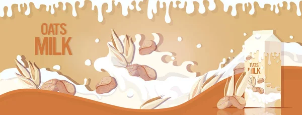 Veganské rostlinné ovesné mléko s stříkající tekutinou a semeny organické mléko bez přírodní organické mléko v papírových obalech horizontální — Stockový vektor