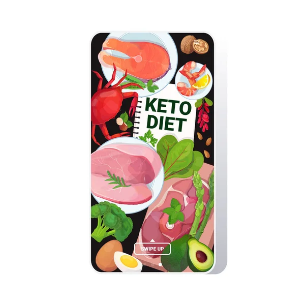 Gesund essen keto diät konzept auswahl guter fettquellen kohlenhydratarme produkte zusammensetzung auf hölzernem hintergrund smartphone screen mobile app — Stockvektor