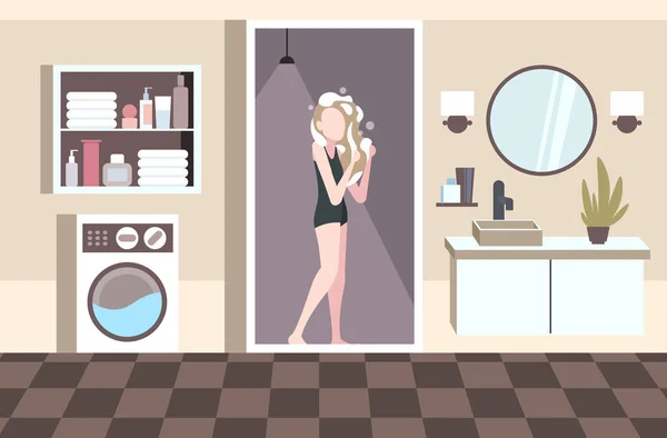 Güzel bir kadın duş alıyor. Banyoda saç yıkıyor. Vücut ve cilt temizliği yapıyor. — Stok Vektör