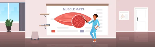 Arts uitleggen anatomie van de menselijke spieren presentatie gezondheidszorg spiermassa concept — Stockvector