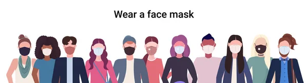 医療用マスクを身に着けている人々の群衆コロナウイルス2019-nCV流行病パンデミック隔離 — ストックベクタ