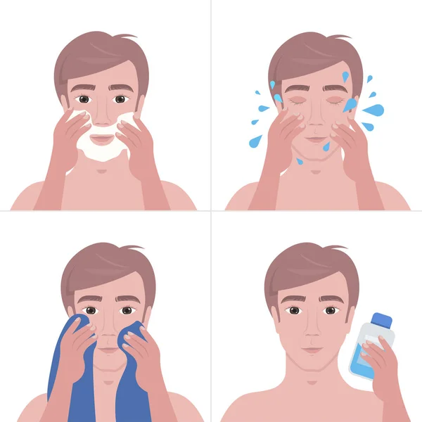 Pasos hombre guapo afeitarse con espuma y limpieza facial cuidado concepto — Vector de stock