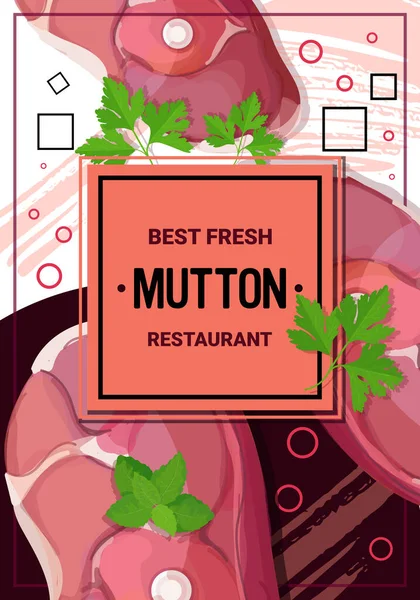 Fresh mutton steak with parsley spices raw meat restaurant template ingredients for cooking vertical — Stock Vector