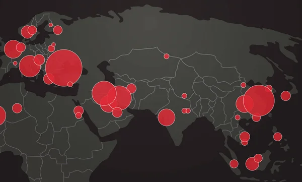 Mapa mundial con brote de pines de localización de casos confirmados por coronavirus en todo el mundo epidemia de infección mundial gripe MERS-CoV propagando países con gripe flotante con Covid-19 horizontal — Vector de stock