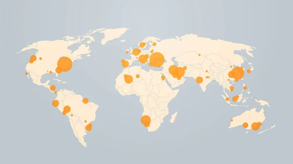 Mappa del mondo con perni di localizzazione focolaio di coronavirus casi confermati relazione mondiale epidemia di infezione MERS-CoV influenza diffusione paesi influenzali galleggianti con Covid-19 orizzontale — Vettoriale Stock