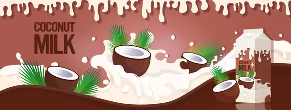 Leite de coco à base de plantas veganas com leite orgânico orgânico líquido sem salpicos leite orgânico natural em embalagens de papel horizontal — Vetor de Stock