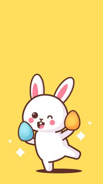 Mutlu Paskalya Tavşanı etiketi taşıyan sevimli tavşan bahar tatili konsepti dikey tebrik kartı