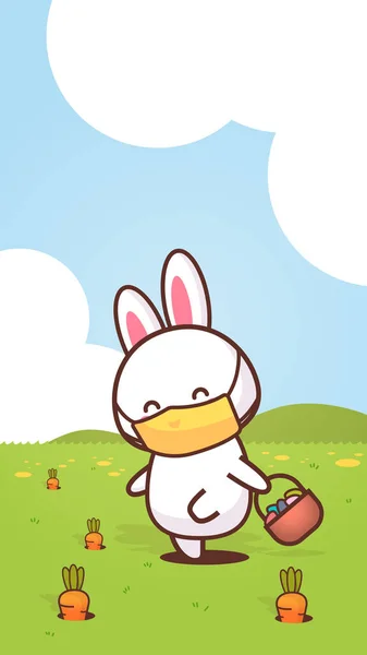 Кролик держит корзину с яйцами в маске для предотвращения коронавируса счастливый пасхальный кролик наклейка — стоковый вектор