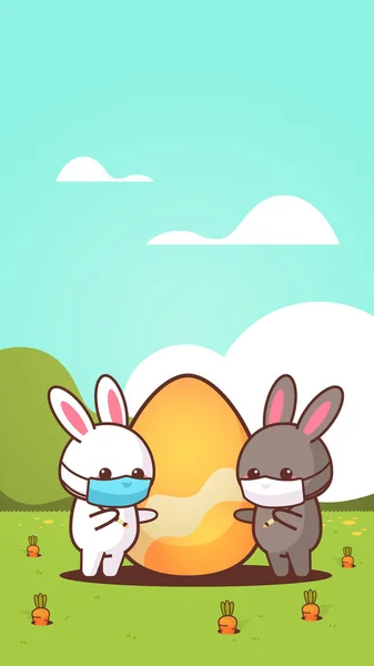 Lindo conejos con huevo usando máscara para prevenir coronavirus feliz conejitos de Pascua pegatina — Vector de stock